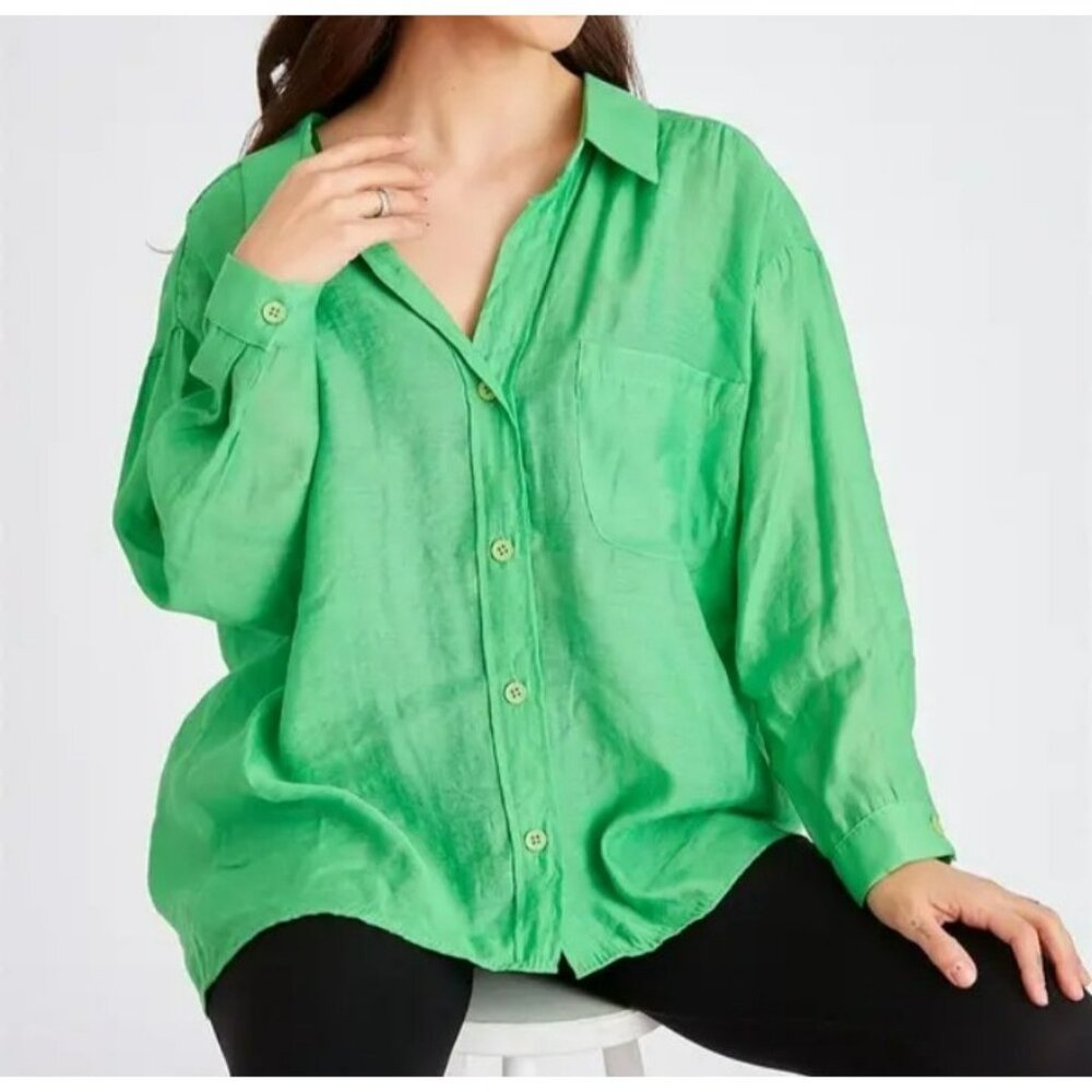 Relaxed Green Button-Down Shirt - Women's Oversized Top